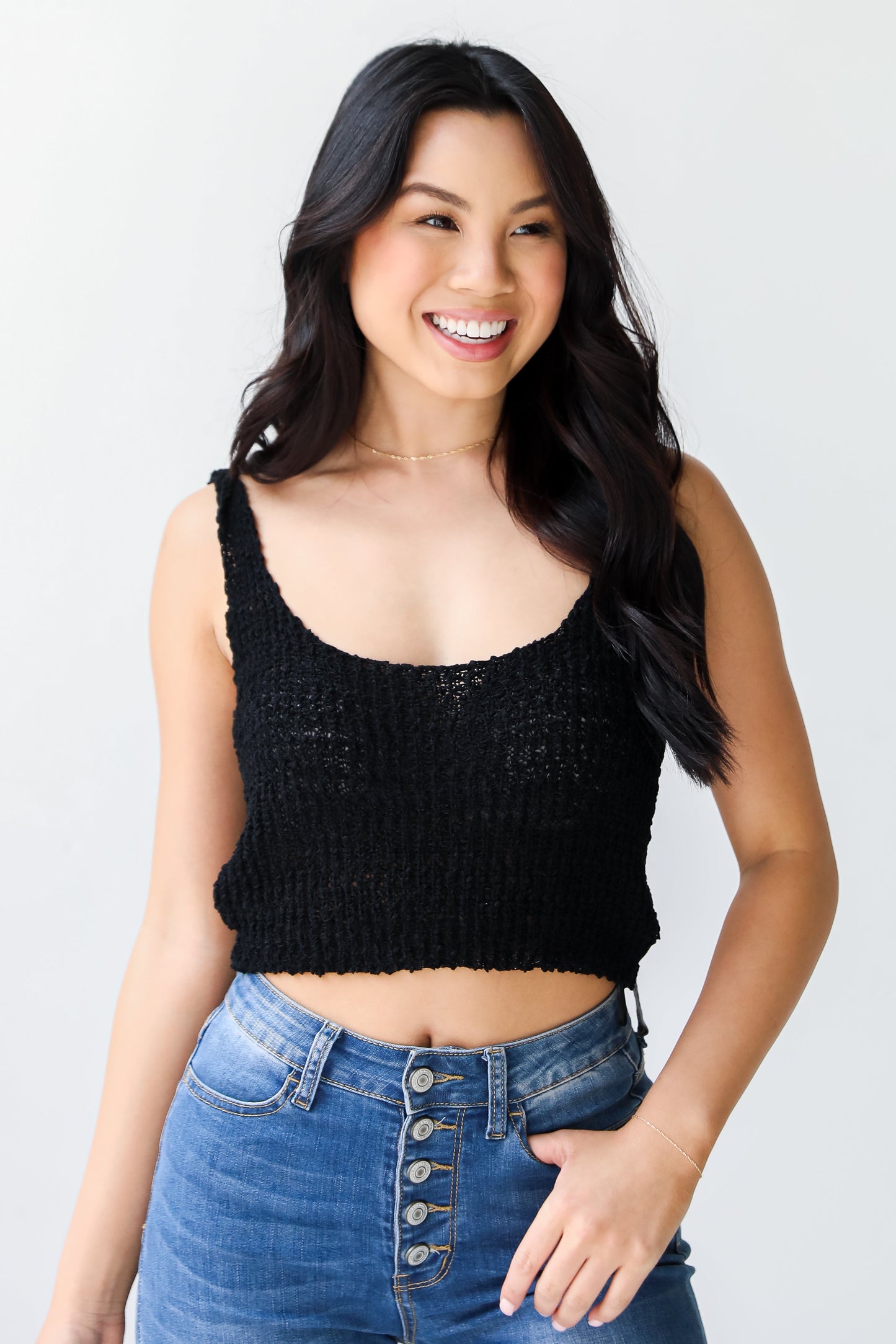 black Knit Cropped Tank on model