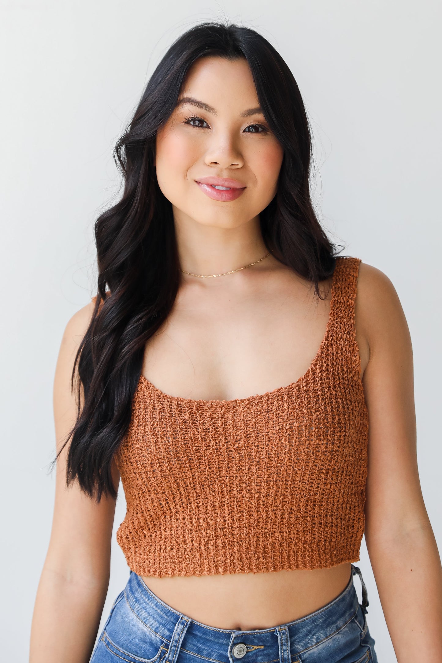 camel Knit Cropped Tank on model