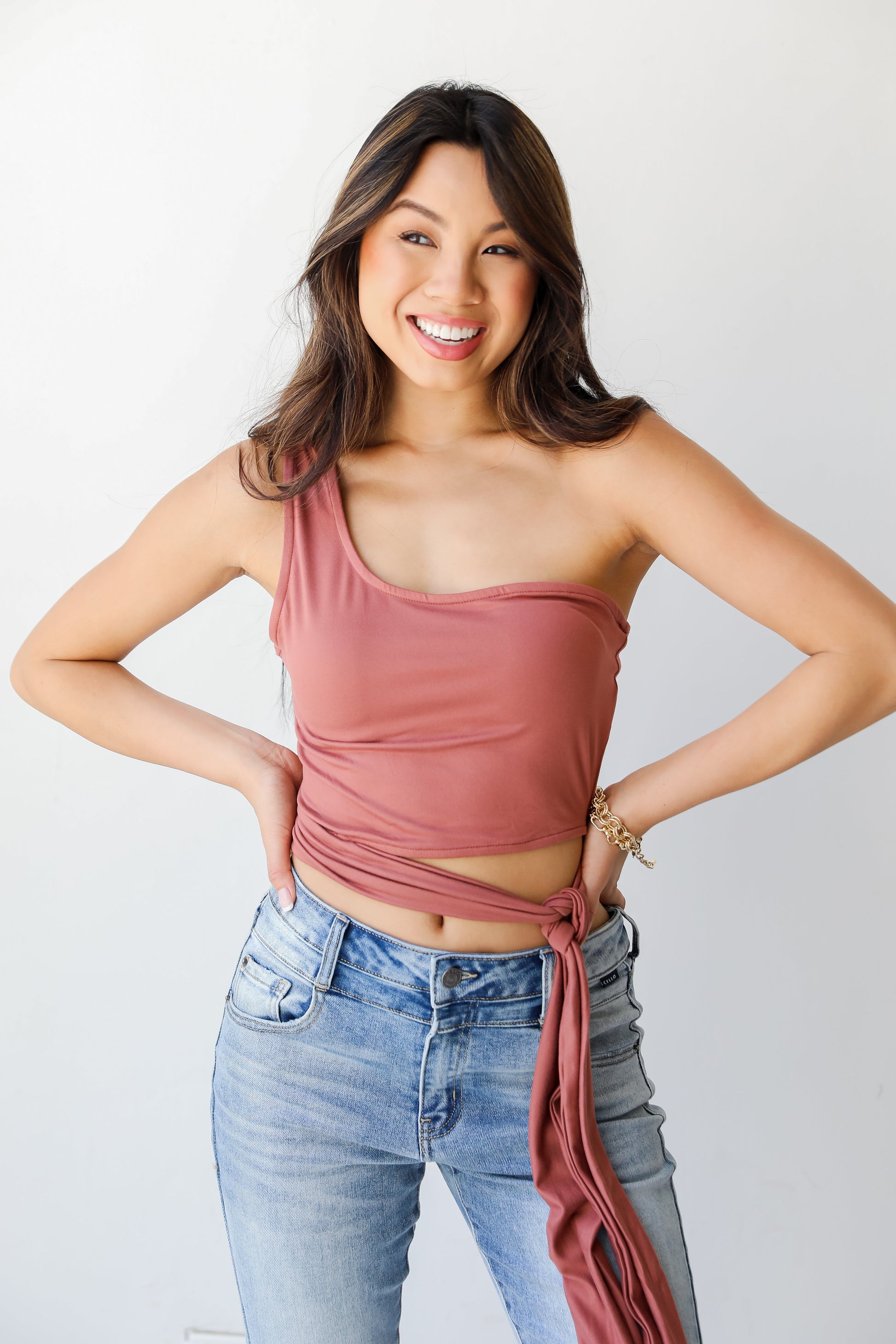 marsala One-Shoulder Crop Top front view