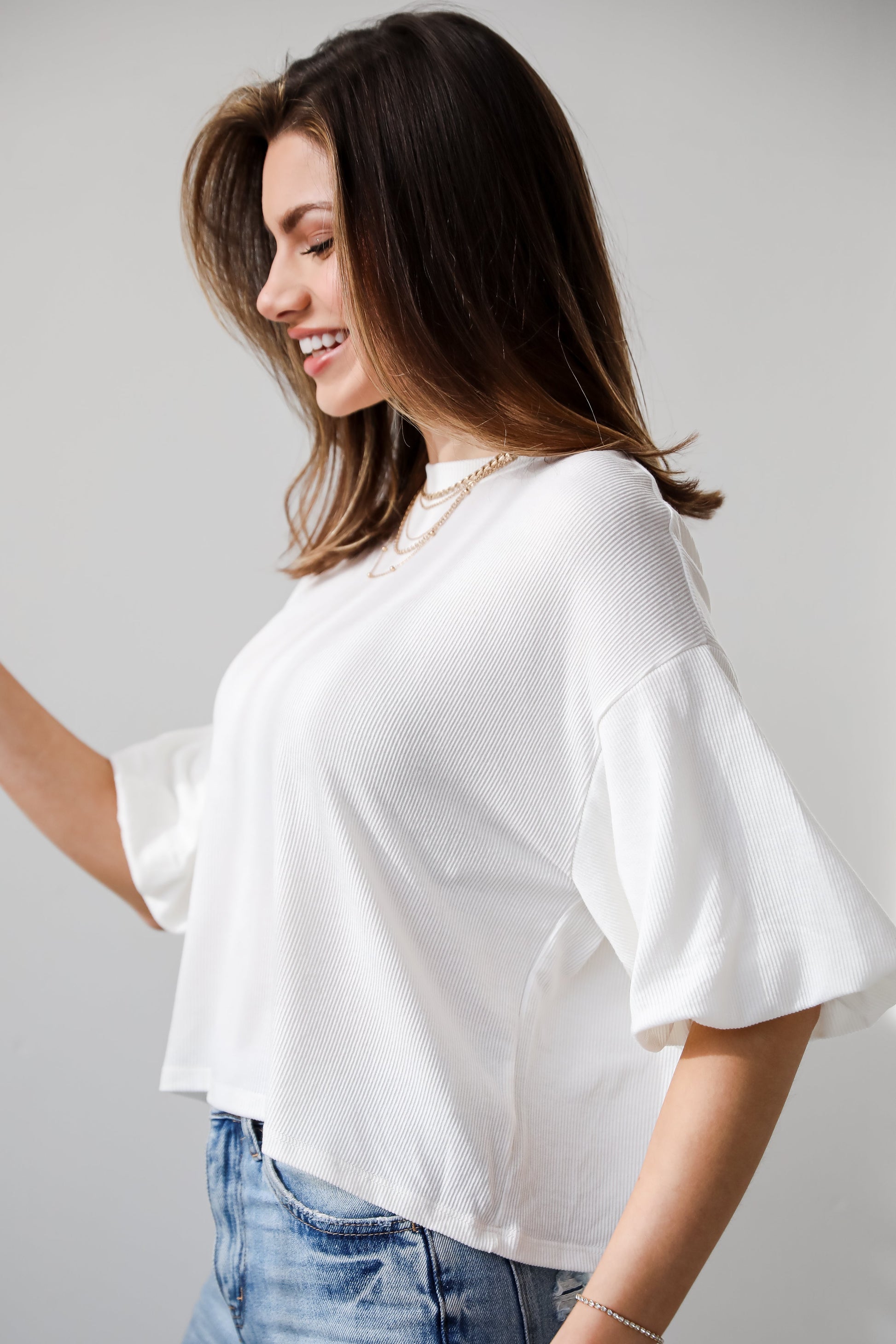 cute Ivory Ribbed Puff Sleeve Top